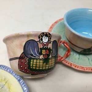 Horchow ceramic  cups and saucers made in Italy Lady with Flowers Easter eggs